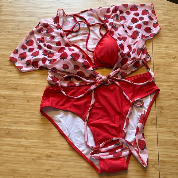 Three piece strawberry swimsuit with coverup new - Picture 3 of 3